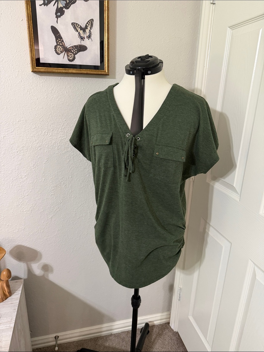 Perseption Olive Green Lace-Up V-Neck Short Sleeve Tee